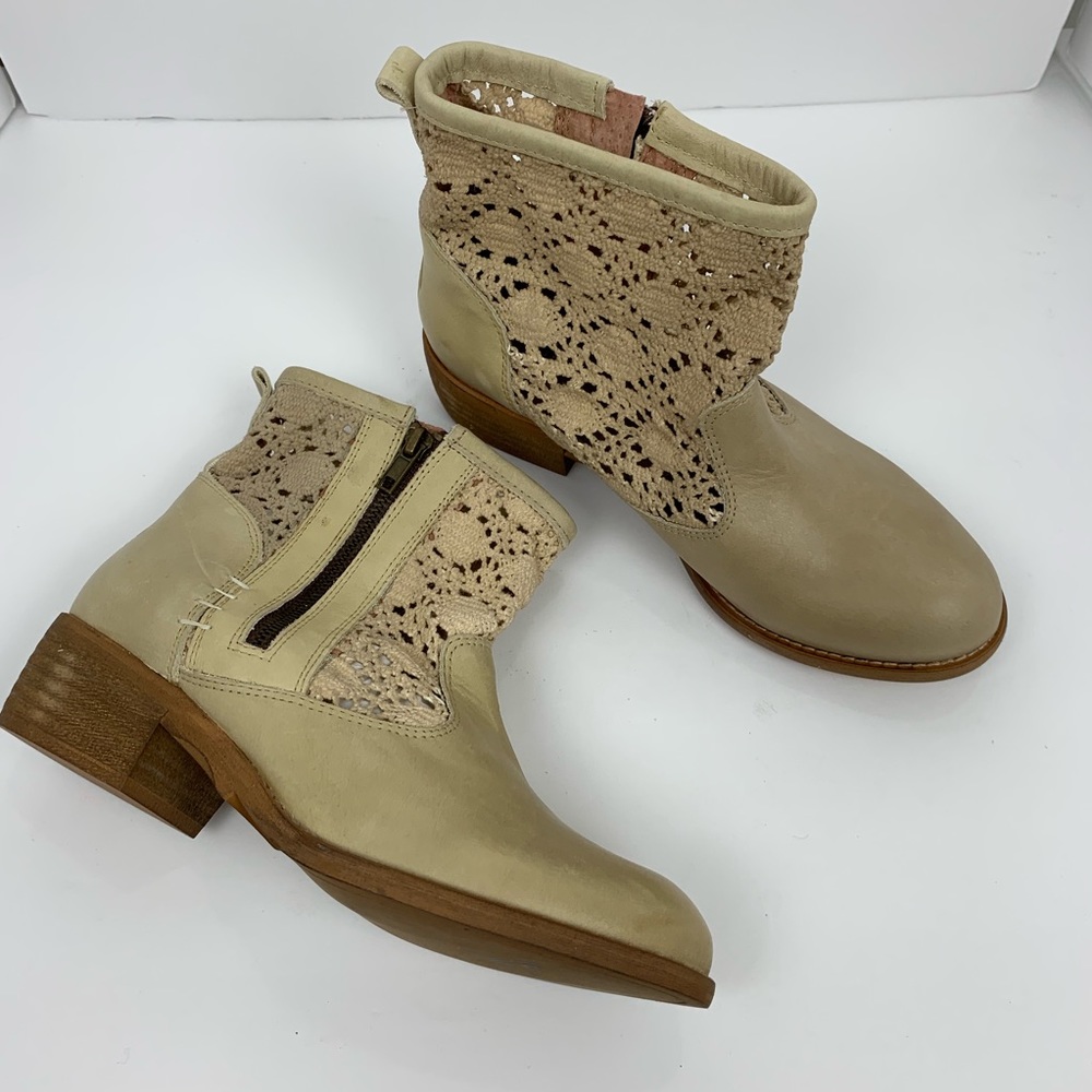 Anthropologie Beige Lace Inset Leather Ankle Boots